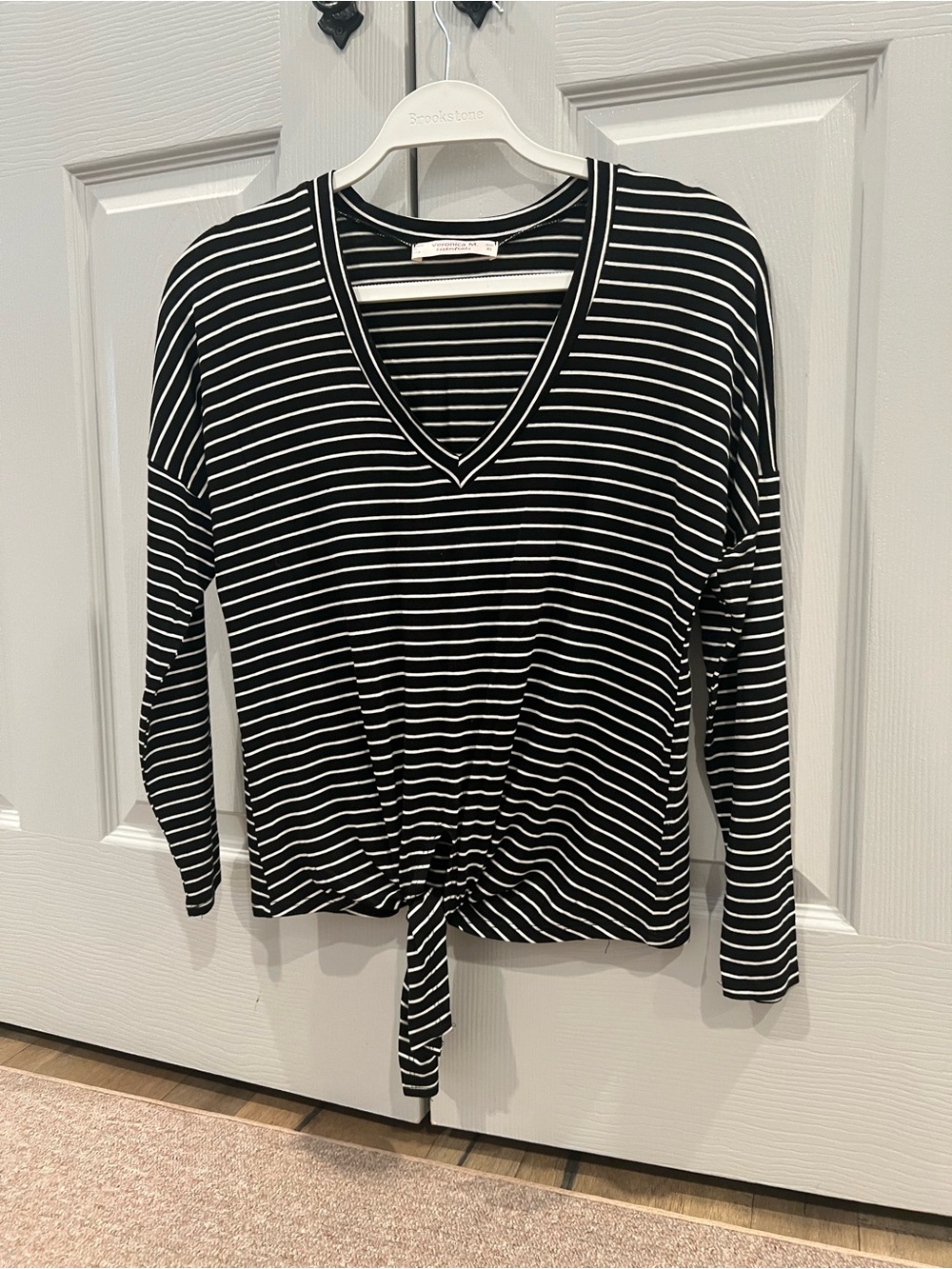 Veronica M Black & White Striped V-Neck Tie-Front Long Sleeve Top
